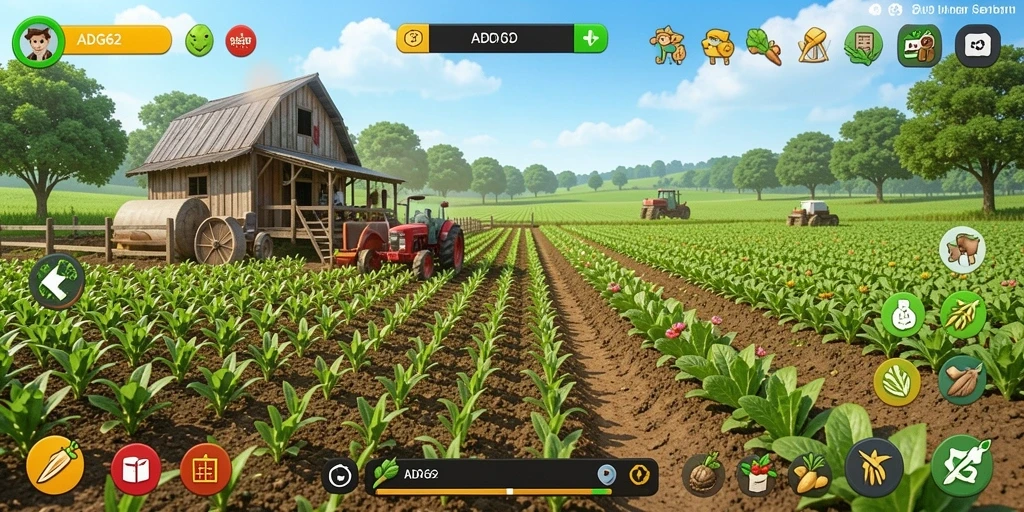 Tampilan gameplay ADG62 yang menampilkan aktivitas bertani yang menyenangkan.