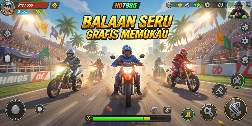 Screenshot HOT985 menampilkan aksi balapan yang mendebarkan dengan grafis memukau.