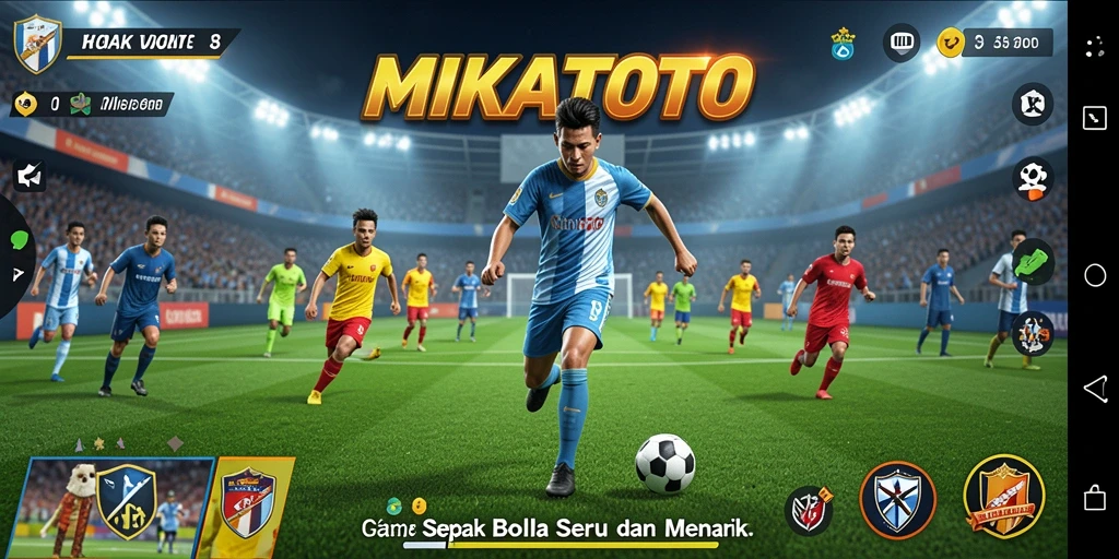 Screenshot gameplay MIKATOTO dengan aksi seru di lapangan sepak bola.