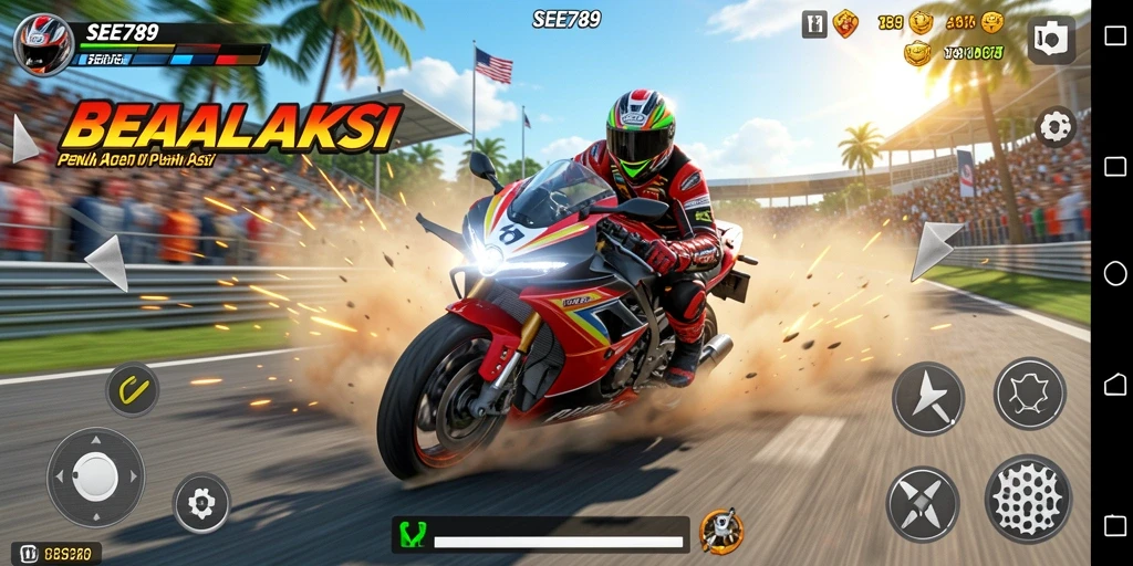 Screenshot SEE789 memperlihatkan aksi balapan motor yang mendebarkan.